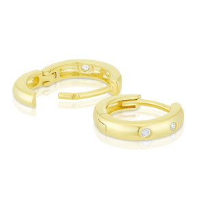 9ct Yellow Gold Flush Set Cubic Zirconia Huggie Hoop Earrings