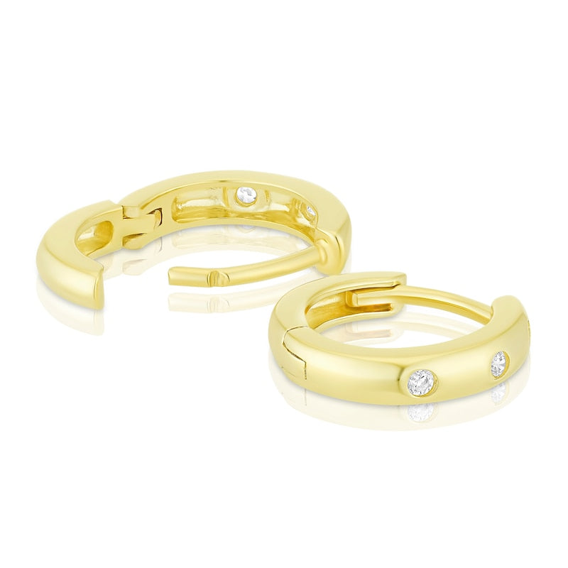 9ct Yellow Gold Flush Set Cubic Zirconia Huggie Hoop Earrings