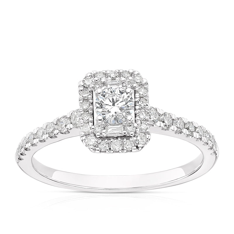 Engagement Ring 9ct White Gold Emerald Cut Halo 0.50ct Diamond Ring