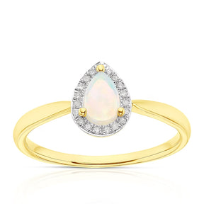 9ct Yellow Gold Opal & Diamond Pear Cut Halo Ring
