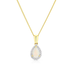 9ct Yellow Gold Opal & Diamond Pear Cut Halo Pendant