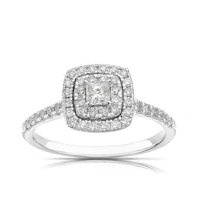 Engagement Ring 18ct White Gold Princess Cut Double Halo 0.50ct Diamond Ring
