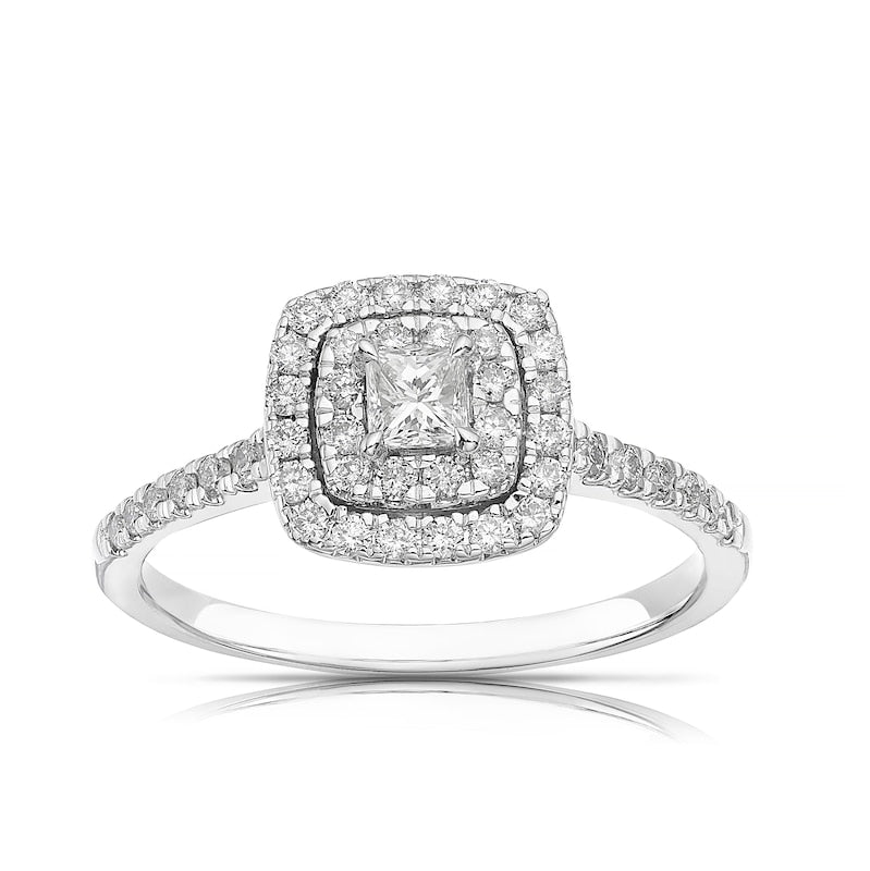 Engagement Ring 18ct White Gold Princess Cut Double Halo 0.50ct Diamond Ring