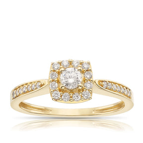 Engagement Ring 9ct Yellow Gold Round Cut Cushion Shaped Halo 0.33ct Diamond Ring