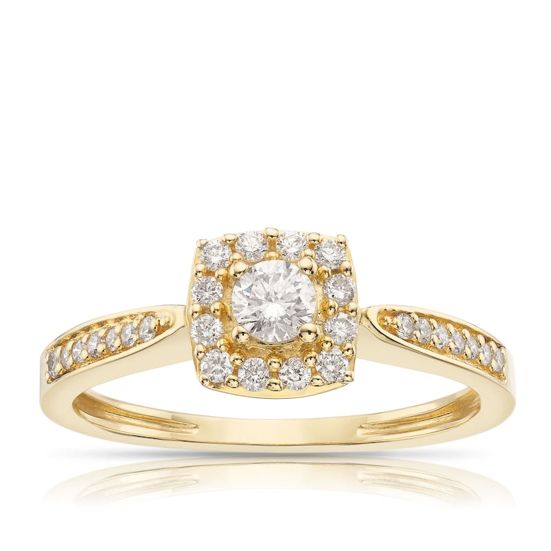 Engagement Ring 9ct Yellow Gold Round Cut Cushion Shaped Halo 0.33ct Diamond Ring