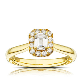 Engagement Ring Origin 18ct Yellow Gold Emerald Cut Halo 0.50ct Diamond Ring