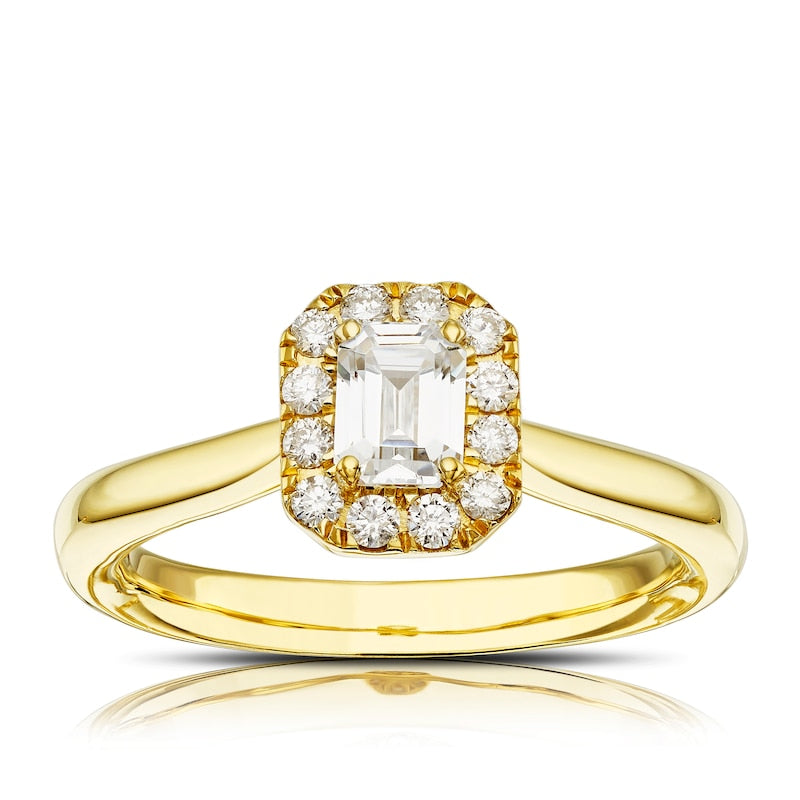 Engagement Ring Origin 18ct Yellow Gold Emerald Cut Halo 0.50ct Diamond Ring