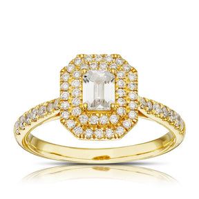 Engagement Ring Origin 18ct Yellow Gold Emerald Cut Halo 0.75ct Diamond Ring
