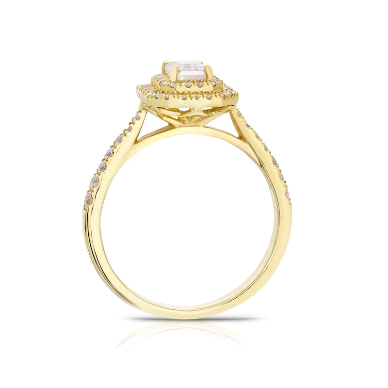 Engagement Ring Origin 18ct Yellow Gold Emerald Cut Halo 0.75ct Diamond Ring