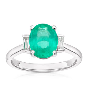 18ct White Gold Emerald & 0.12ct Diamond Three Stone Ring