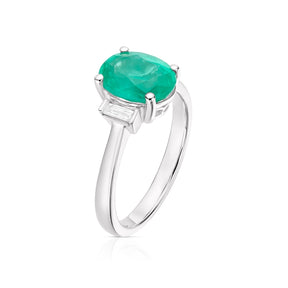 18ct White Gold Emerald & 0.12ct Diamond Three Stone Ring