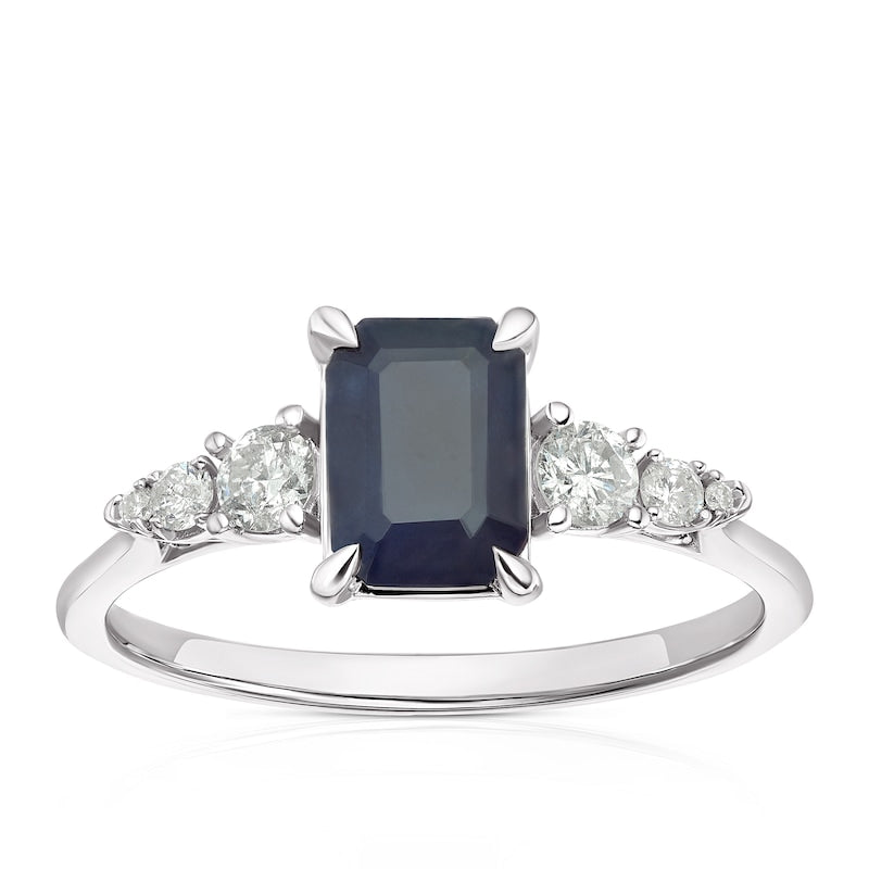 9ct White Gold Blue Sapphire & 0.20ct Diamond Solitaire Ring
