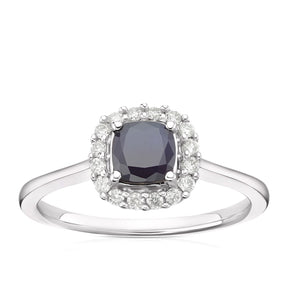9ct White Gold Sapphire & 0.15ct Diamond Cushion Halo Ring
