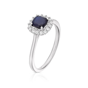 9ct White Gold Sapphire & 0.15ct Diamond Cushion Halo Ring