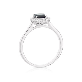 9ct White Gold Sapphire & 0.15ct Diamond Cushion Halo Ring