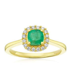 9ct Yellow Gold Emerald & 0.15ct Diamond Cushion Halo Ring