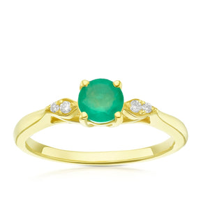9ct Yellow Gold Diamond & Emerald Round Cut Ring