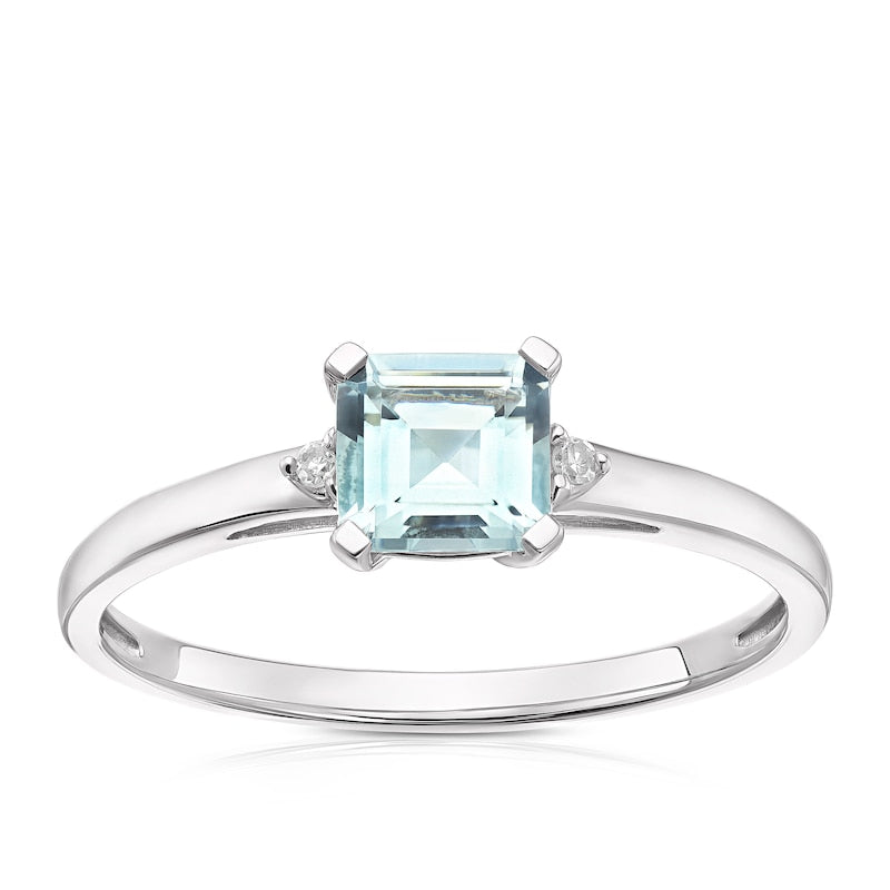 9ct White Gold Aquamarine & Diamond Three Stone Ring