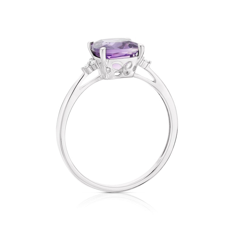 9ct White Gold Amethyst & Diamond Ring
