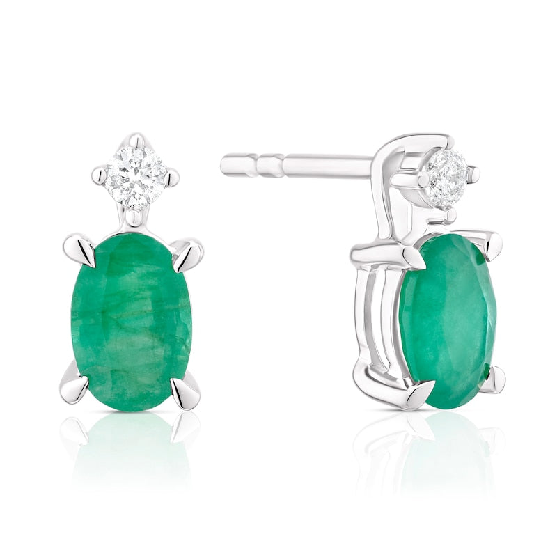 9ct White Gold Emerald & Diamond Stud Drop Earrings