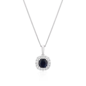 9ct White Gold Sapphire & 0.15ct Diamond Halo Pendant