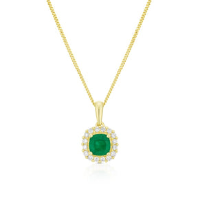 9ct Yellow Gold Emerald & 0.15ct Diamond Cushion Halo Pendant