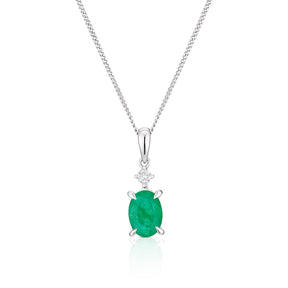 9ct White Gold Emerald & Diamond Pendant Necklace