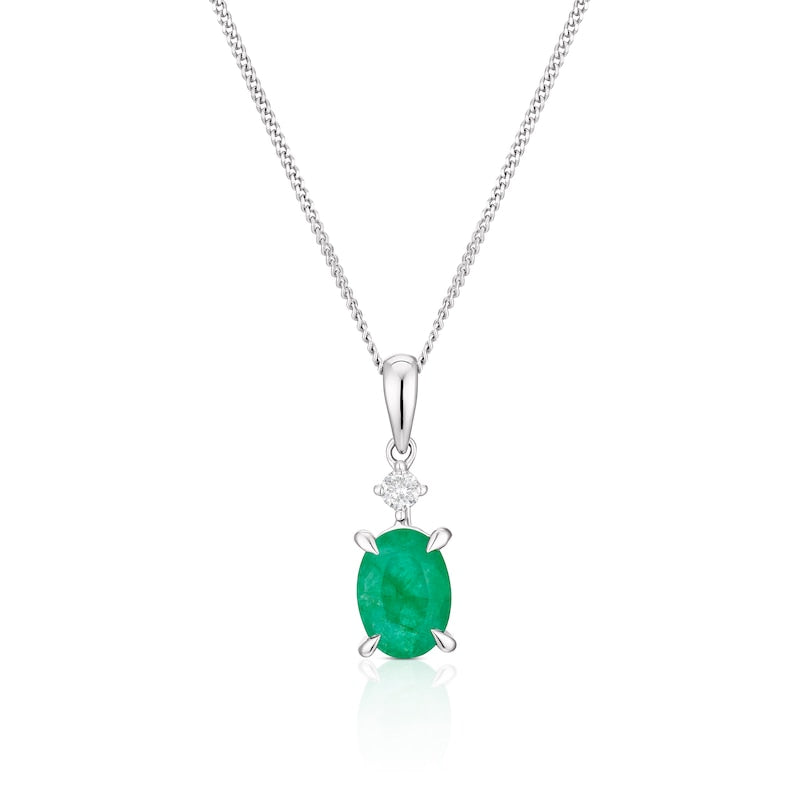 9ct White Gold Emerald & Diamond Pendant Necklace