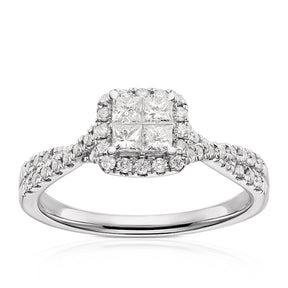 Engagement Ring 14ct White Gold Cushion Shaped Cluster 0.50ct Diamond Ring