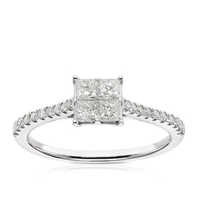 Engagement Ring 14ct White Gold Princess Cut Cluster 0.50ct Diamond Ring