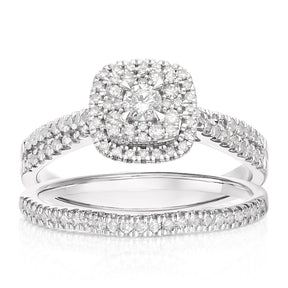 Engagement Ring 9ct White Gold Cushion Shaped Twist Bridal Set 0.50ct Diamond Ring