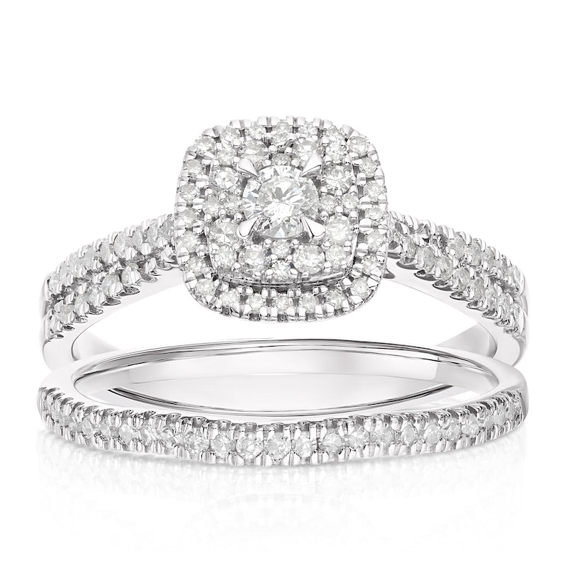 Engagement Ring 9ct White Gold Cushion Shaped Twist Bridal Set 0.50ct Diamond Ring