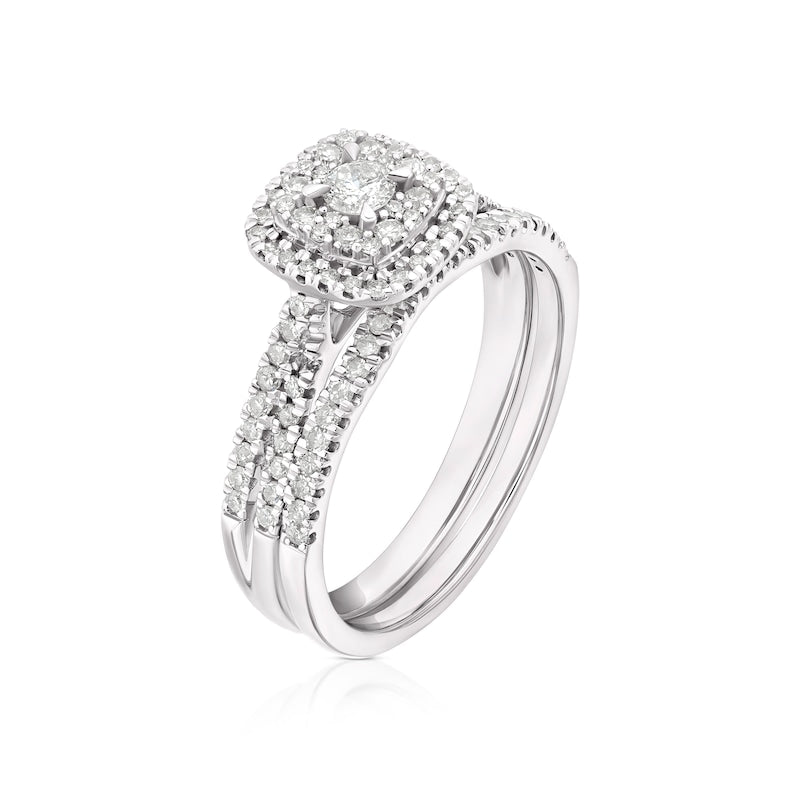 Engagement Ring 9ct White Gold Cushion Shaped Twist Bridal Set 0.50ct Diamond Ring