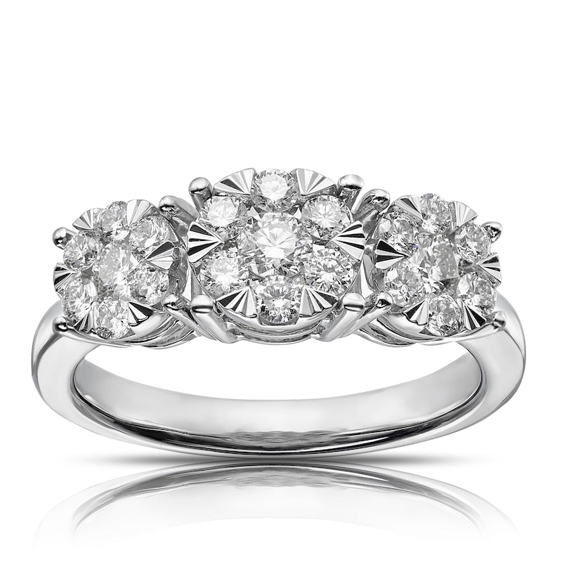 Engagement Ring 9ct White Gold Cluster Trilogy 0.75ct Diamond Ring
