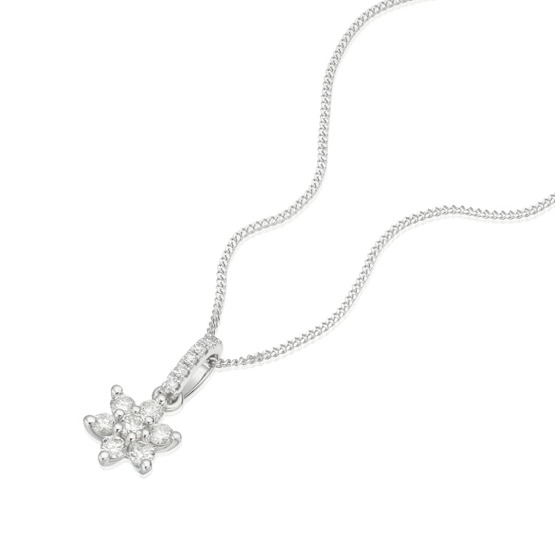 9ct White Gold 0.21ct Diamond Flower Shaped Pendant Necklace