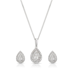 9ct White Gold 0.50ct Diamond Pear Earring & Necklace Jewellery Set