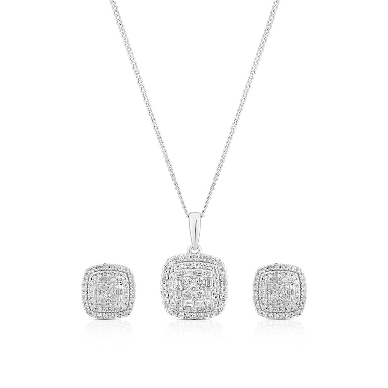 9ct White Gold 0.50ct Diamond Cushion Shaped Earring & Necklace Box Set
