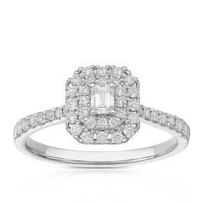 Engagement Ring 18ct White Gold Emerald Shaped Double Halo 0.50ct Diamond Ring