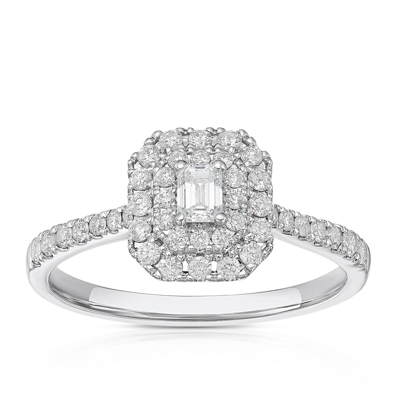 Engagement Ring 18ct White Gold Emerald Shaped Double Halo 0.50ct Diamond Ring