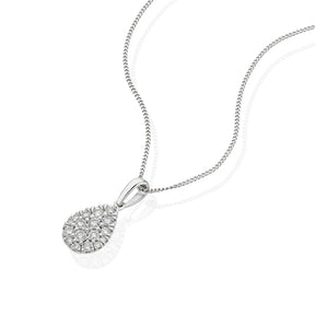 9ct White Gold 0.33ct Diamond Cluster Pear Shaped Pendant Necklace