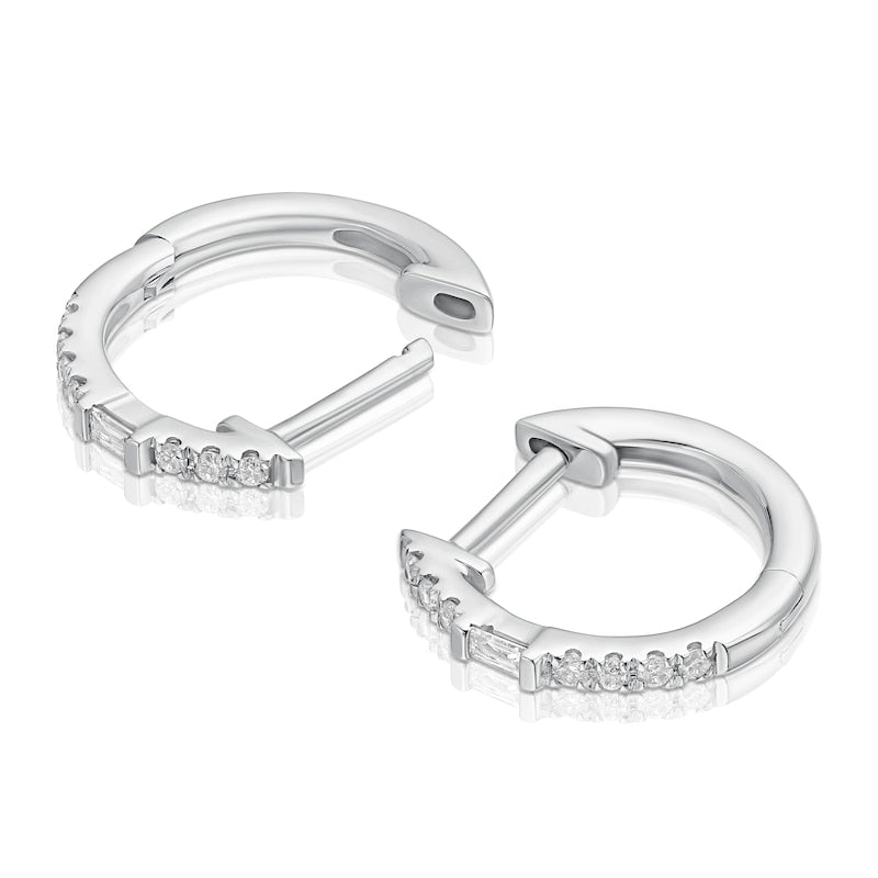 9ct White Gold Diamond Baguette & Round Cut Hoop Earrings