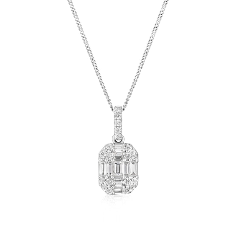 9ct White Gold 16+2" 0.33ct Diamond Baguette & Round Pendant
