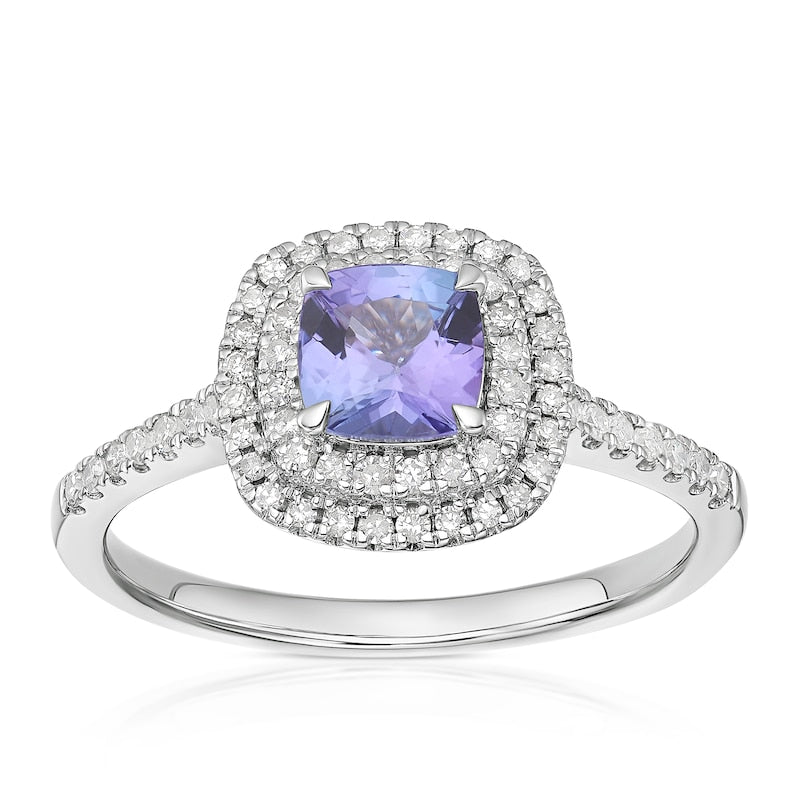 9ct White Gold 0.25ct Diamond & Tanzanite Double Halo Ring