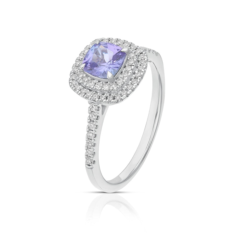 9ct White Gold 0.25ct Diamond & Tanzanite Double Halo Ring