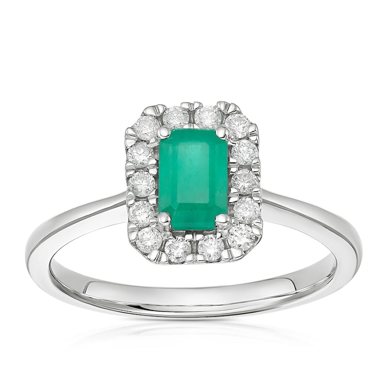 9ct White Gold 0.20ct Diamond & Emerald Halo Ring