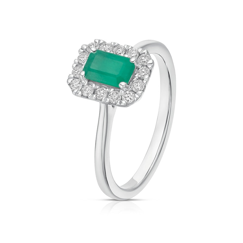 9ct White Gold 0.20ct Diamond & Emerald Halo Ring