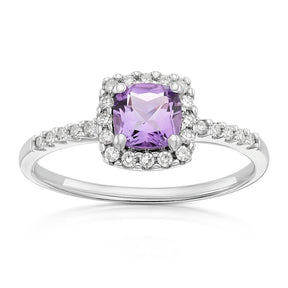 9ct White Gold 0.15ct Diamond & Amethyst Halo Ring