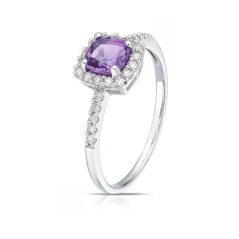 9ct White Gold 0.15ct Diamond & Amethyst Halo Ring