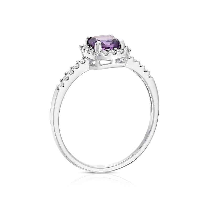 9ct White Gold 0.15ct Diamond & Amethyst Halo Ring