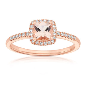 9ct Rose Gold 0.10ct Diamond & Morganite Cushion Shaped Halo Ring